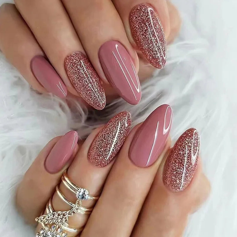 24pcs Detachable Almond French False Nails DIY Glitter Design Press on Nails Fake Nials DIY Manicure Nail Tips