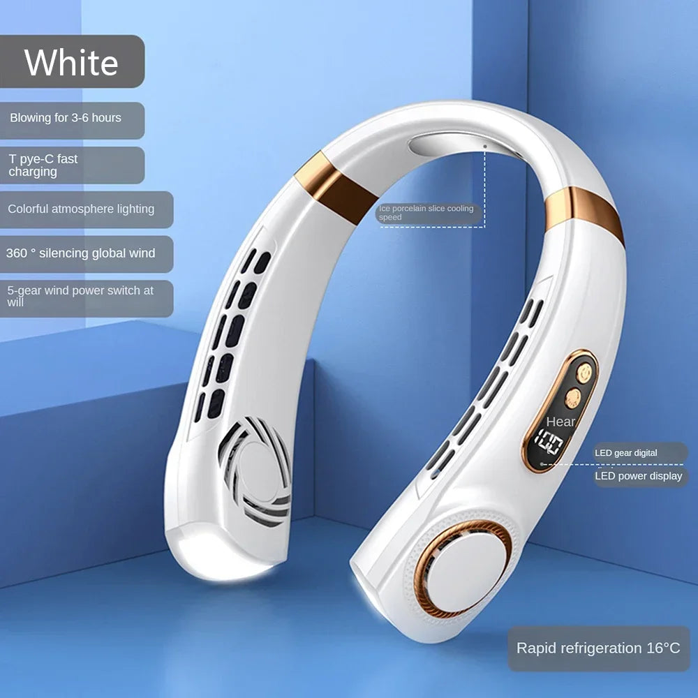 New Hanging Neck Fan Ice Magnet Cooler Digital Display Rechargeable Air Conditioner Neck Ventilator With Colorful Light