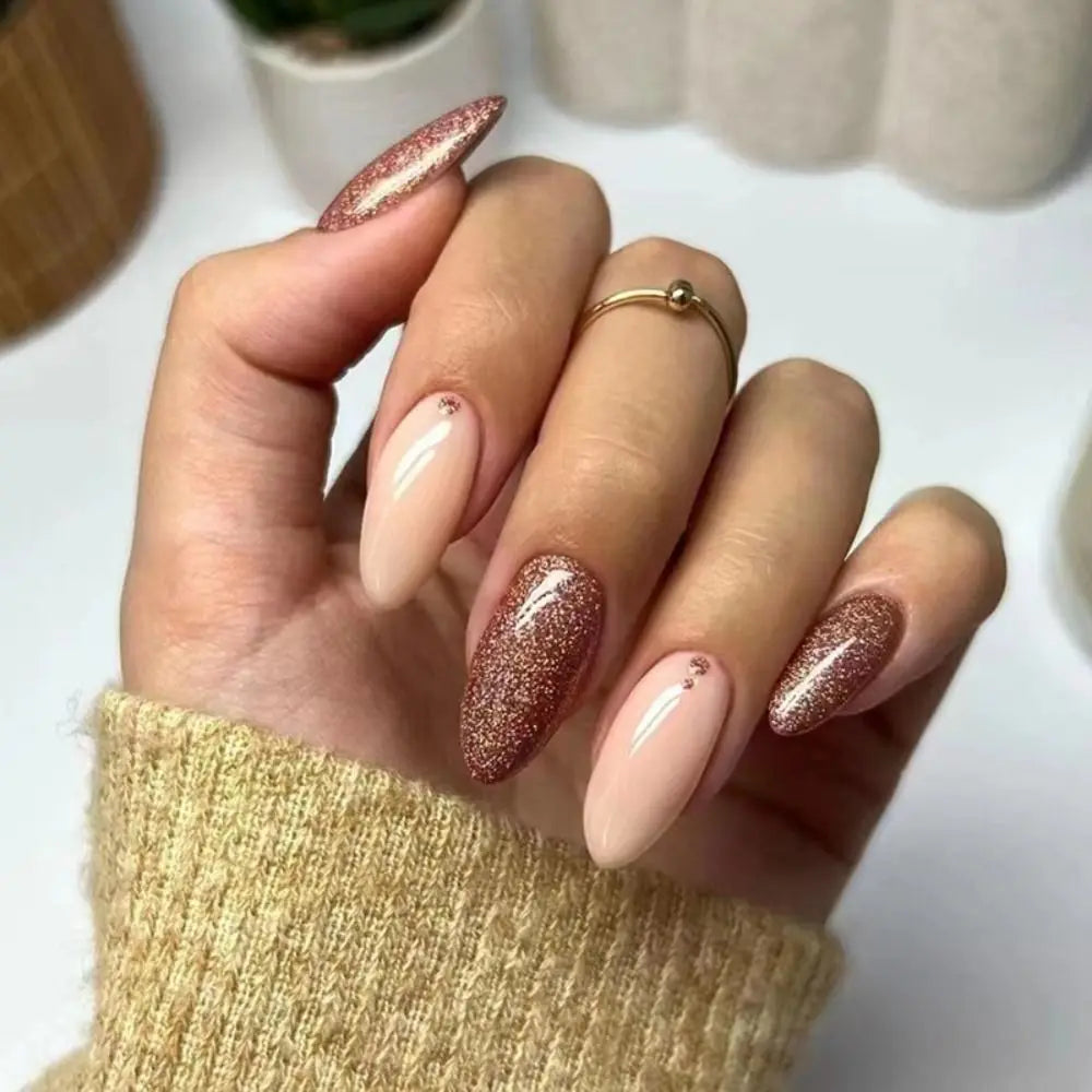 24pcs Detachable Almond French False Nails DIY Glitter Design Press on Nails Fake Nials DIY Manicure Nail Tips