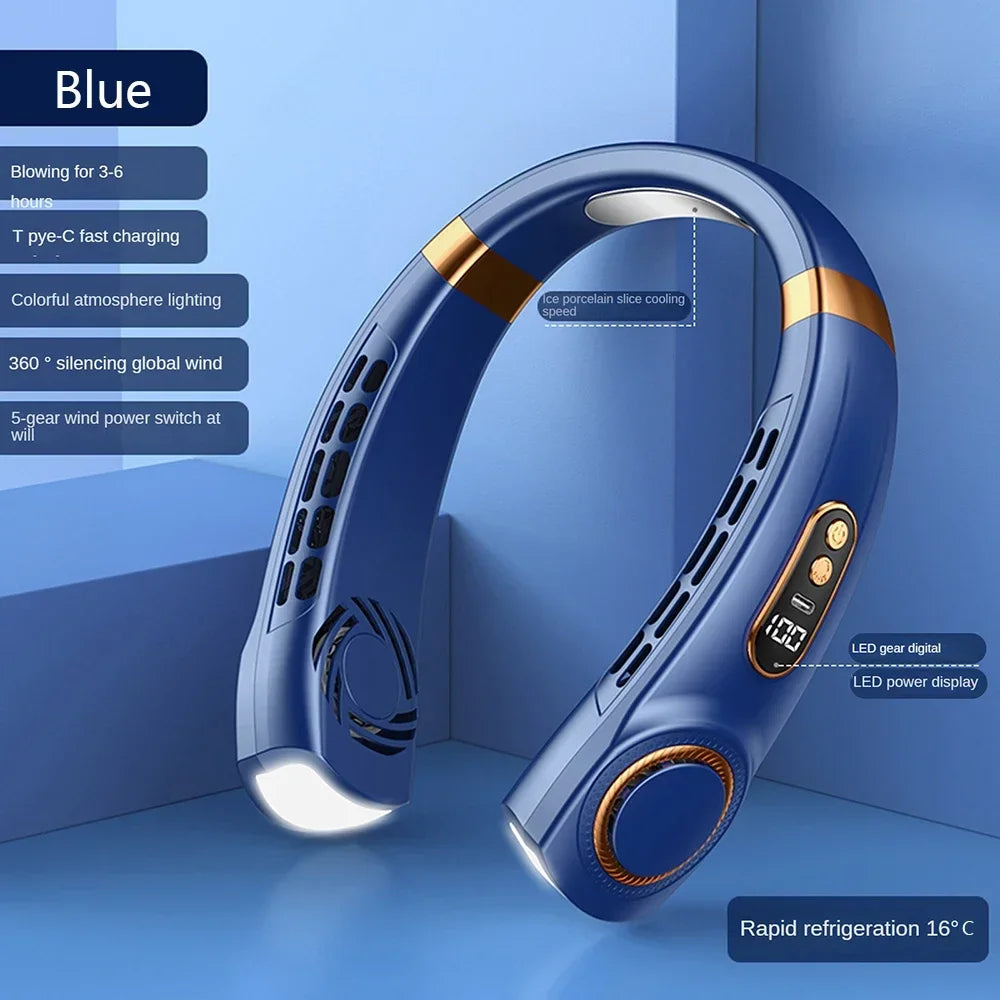 New Hanging Neck Fan Ice Magnet Cooler Digital Display Rechargeable Air Conditioner Neck Ventilator With Colorful Light