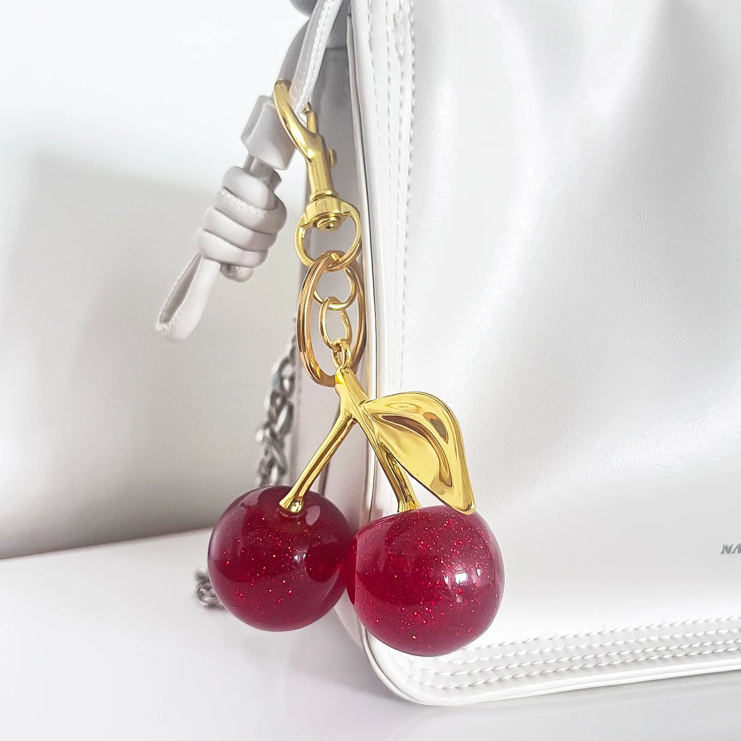 Delicious Crystal Red Pink Cherry Keychain Summer Fruits Cherries Pendant Keyring For Women Men Jewelry Bag Key Accessories Gift