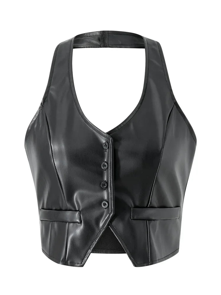 Women PU Leather Vest Coat Vintage Sleeveless V Neck Button Down Tank Tops Dark Academia Gothic Waistcoat Female Summer Fall