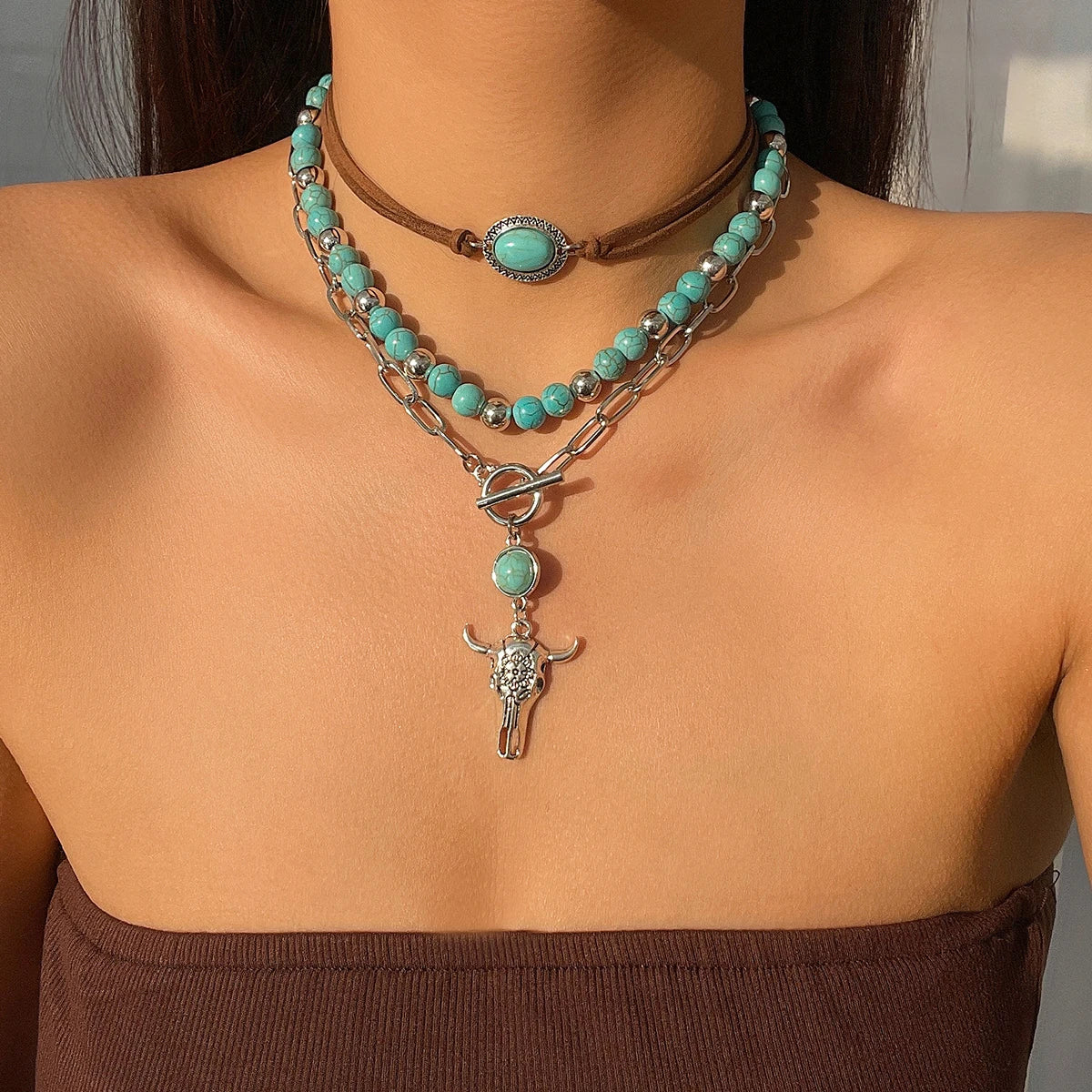 3pcs Set Vintage Ethnic Style Bull Head Pendant Necklace for Women Exquisite Green Stone Beads Clavicle Chain Jewelry