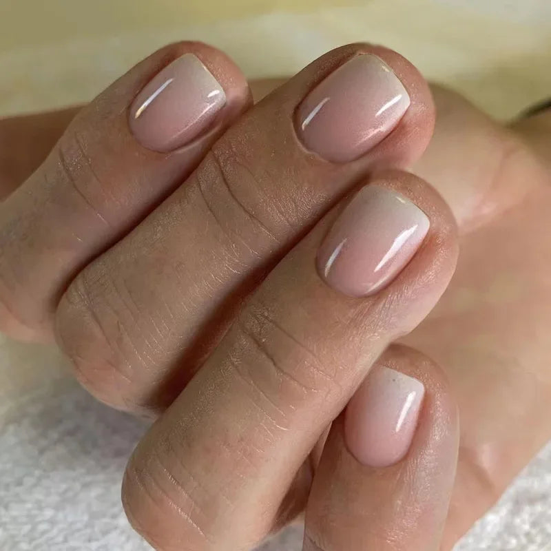 Glossy Press on Nails Set Short Oval Shiny Gradient French Nail Art Design Reusable Full Cover Fake Nails with Glue for Girls
