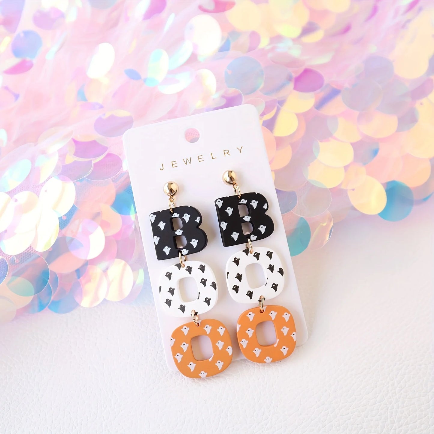 Halloween Acrylic Drop Earrings Cute Ghost Print BOO Dangle Fun & Quirky Party Accessory, Hypoallergenic Stainless Steel Ear