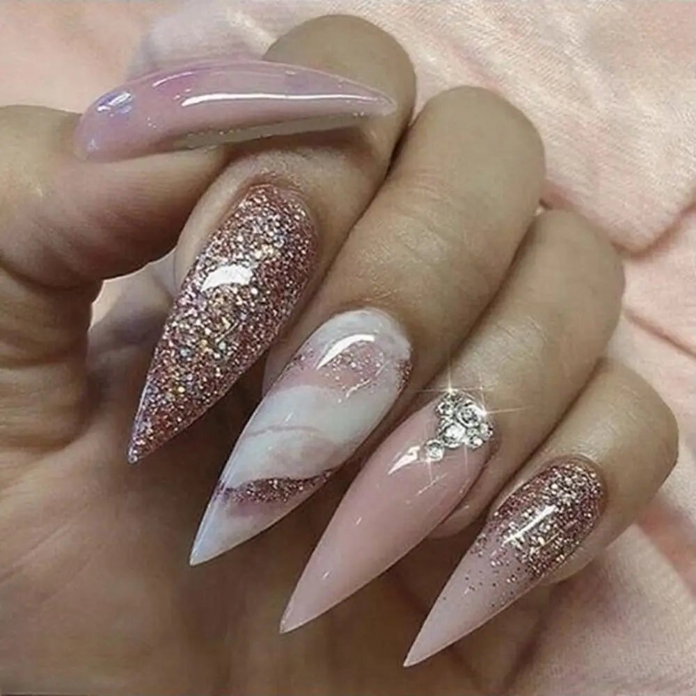 24pcs Detachable Almond French False Nails DIY Glitter Design Press on Nails Fake Nials DIY Manicure Nail Tips