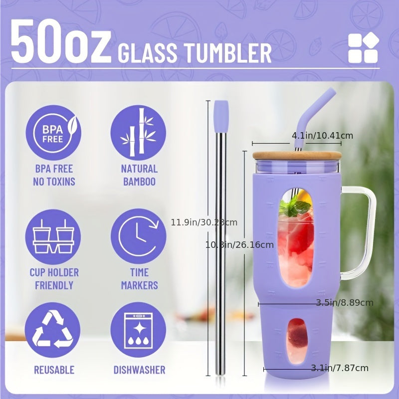 50oz Reusable Glass Tumbler with Handle - Bamboo Lid & Straw, Iced Coffee & Water Cup