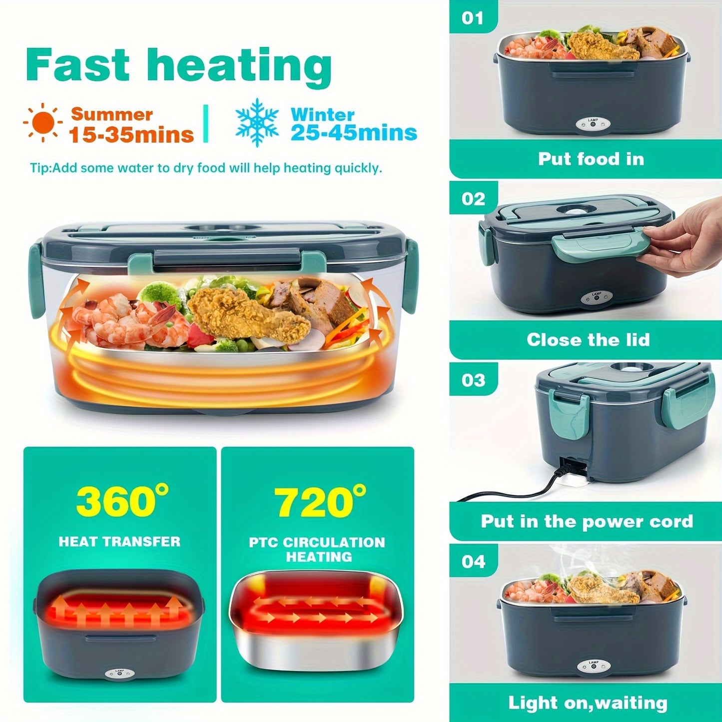 Electric Lunch Box Food Heater for Work - 12V/24V/110V Food Warmer for Car Truck Outdoor with Stainless Steel Containers Potable Heating lunch Box for Adults Camping