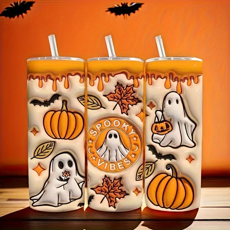 20oz Spooky Vibes Stainless Steel Tumbler with Lid - Double-Wall Vacuum Insulated Travel Cup for Hot & Cold Drinks, Durable & Pumpkin Design, Perfect for Halloween, Home, Outdoor, Beach Vacations