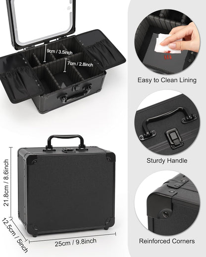 Makeup Bag with LED Mirror, Makeup Box Travel Train Case with Rechargeable Lighted Mirror & Adjustable Dividers, Cosmetic Brush Organizer Storage for Makeup Artists Gifts for Women and Girls