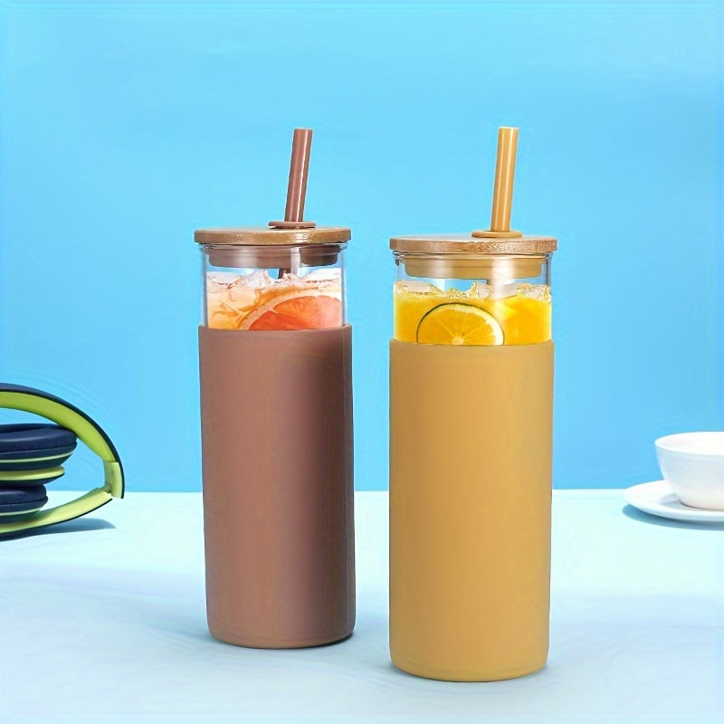 20 oz Glass Tumbler Glass Water Bottle Straw Silicone Protective Sleeve Bamboo Lid - BPA Free - Amber/ 8 Pack