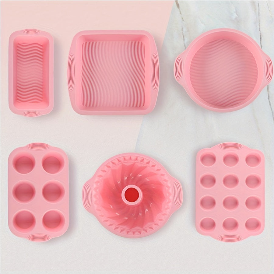 6pcs, Nonstick Silicone Bakeware Set, Cake Pan, Muffin Pan, Bundt Pan, Loaf Pan, Heat Resistant Bread Molds, Baking Tools, Kitchen Gadgets, Kitchen Accessories