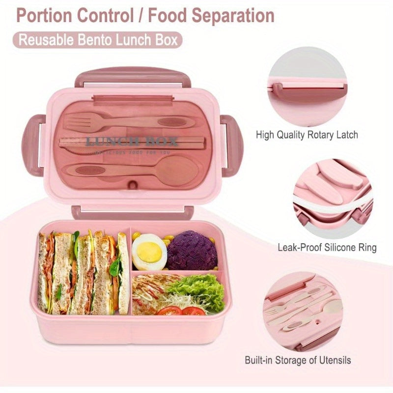 NatraProw Bento Box for Adult, 1200 ML Lunch Containers for Adults, LeakProof Lunch Box with Utensils, BPA Free, 3 Compartment Bento Box Microwave Safe, Pink