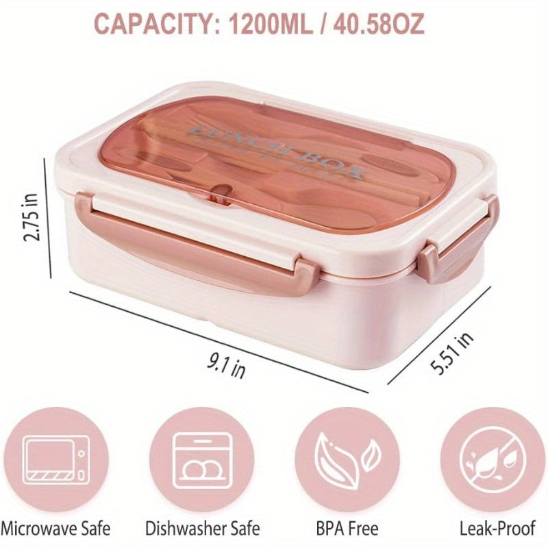 NatraProw Bento Box for Adult, 1200 ML Lunch Containers for Adults, LeakProof Lunch Box with Utensils, BPA Free, 3 Compartment Bento Box Microwave Safe, Pink