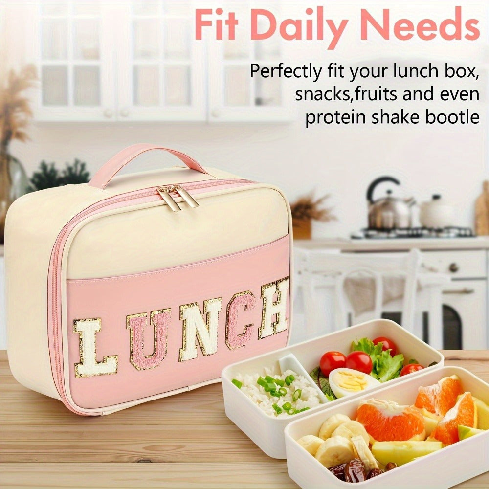 Portable Reusable Lunch Bag - Insulated PU Leather, Small Office Work, Chenille Letters, Leakproof, Freezable Cooler, For Women and Men