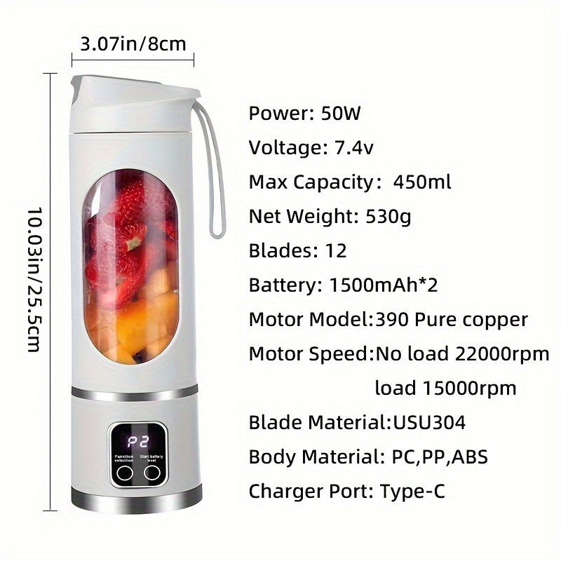 Portable USB Rechargeable Mini Blender & Juicer - 3 Modes, Digital Display, 12 Blades, Easy to Clean, Perfect for Travel and Fresh Drinks, Kitchen Must-Have