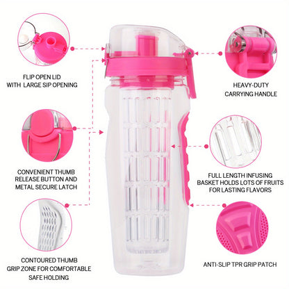 Fruit Infused Water Bottle 32OZ Fruit Juice Shaker Sport with Flip Top Non-Slip Handle for Office, Home Sports, Running, Walking, Hiking