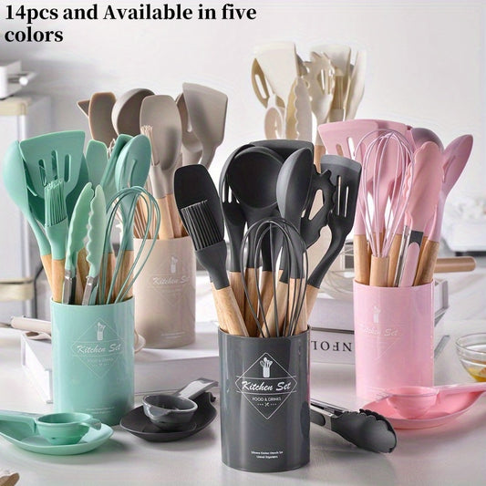 14 piece wooden handle silicone kitchenware set, kitchen baking and cooking tool set, high temperature resistant non stick pot special kitchenware, easy to clean, suitable for commercial Eid al Fitr Mubarak