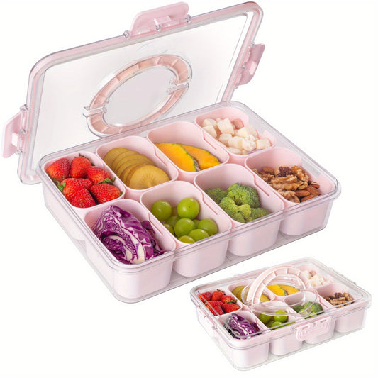 Divided Snack Serving Tray with Lid and Handle Travel Snackle Charcuterie Container Portable Storage Organizer for Candy, Fruits, Nuts, Snacks, Party, Picnic (1pack, Pink)