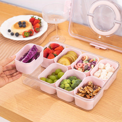 Divided Snack Serving Tray with Lid and Handle Travel Snackle Charcuterie Container Portable Storage Organizer for Candy, Fruits, Nuts, Snacks, Party, Picnic (1pack, Pink)