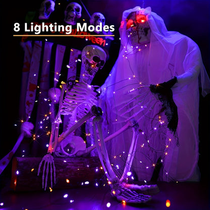 2 pack a total of 600LED 210 feet of orange and purple Halloween lights solar light strings, with 8 modes for outdoor Halloween party decoration Halloween decorations, witch pumpkin zombies, skeleton decorations, spooky atmos