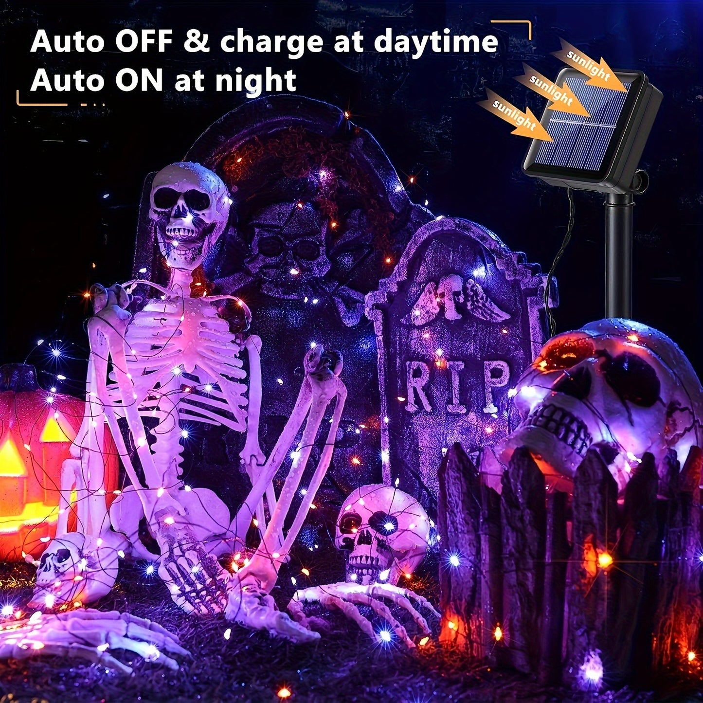 2 pack a total of 600LED 210 feet of orange and purple Halloween lights solar light strings, with 8 modes for outdoor Halloween party decoration Halloween decorations, witch pumpkin zombies, skeleton decorations, spooky atmos