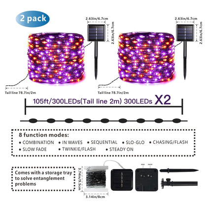 2 pack a total of 600LED 210 feet of orange and purple Halloween lights solar light strings, with 8 modes for outdoor Halloween party decoration Halloween decorations, witch pumpkin zombies, skeleton decorations, spooky atmos