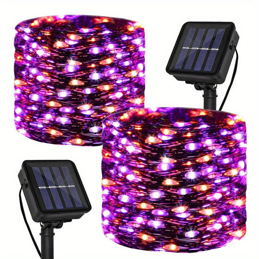 2 pack a total of 600LED 210 feet of orange and purple Halloween lights solar light strings, with 8 modes for outdoor Halloween party decoration Halloween decorations, witch pumpkin zombies, skeleton decorations, spooky atmos