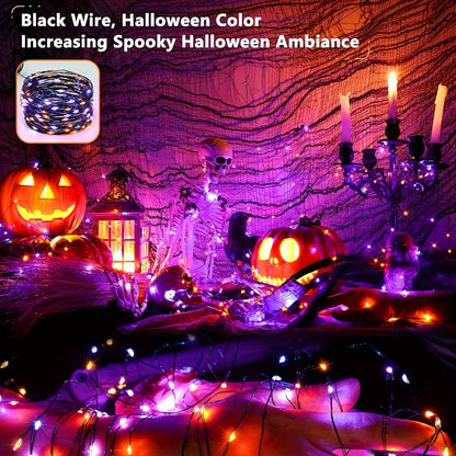 2 pack a total of 600LED 210 feet of orange and purple Halloween lights solar light strings, with 8 modes for outdoor Halloween party decoration Halloween decorations, witch pumpkin zombies, skeleton decorations, spooky atmos