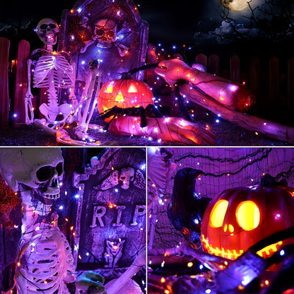 2 pack a total of 600LED 210 feet of orange and purple Halloween lights solar light strings, with 8 modes for outdoor Halloween party decoration Halloween decorations, witch pumpkin zombies, skeleton decorations, spooky atmos