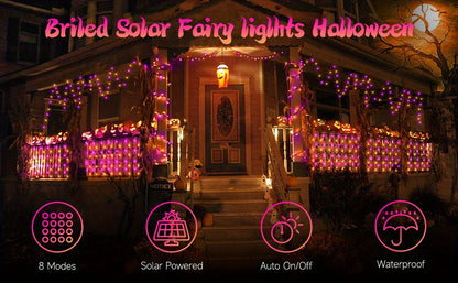 2 pack a total of 600LED 210 feet of orange and purple Halloween lights solar light strings, with 8 modes for outdoor Halloween party decoration Halloween decorations, witch pumpkin zombies, skeleton decorations, spooky atmos