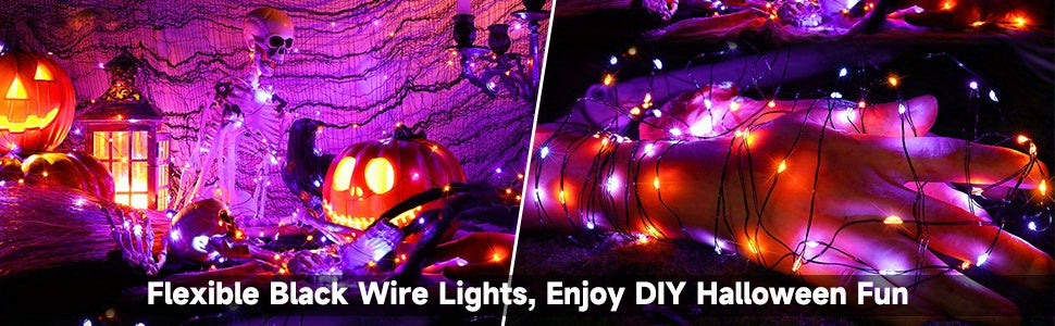 2 pack a total of 600LED 210 feet of orange and purple Halloween lights solar light strings, with 8 modes for outdoor Halloween party decoration Halloween decorations, witch pumpkin zombies, skeleton decorations, spooky atmos