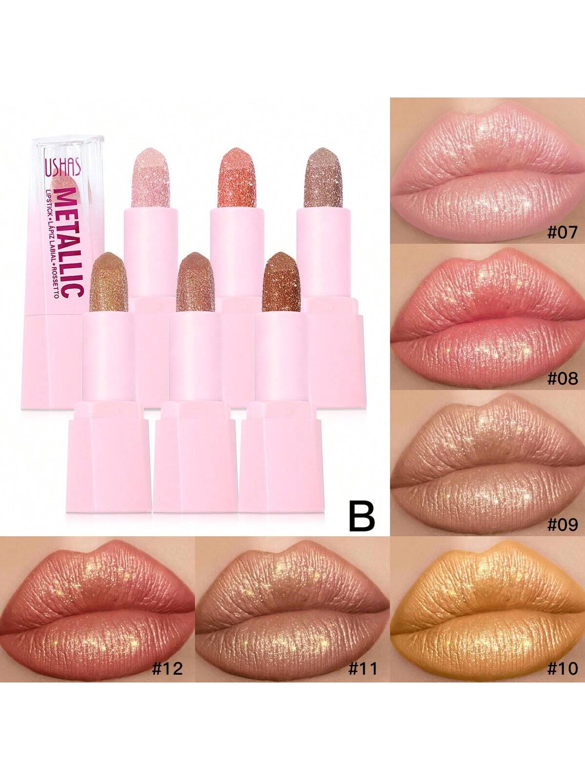 6-piece shiny waterproof lipstick set in assorted pink pearl finishes