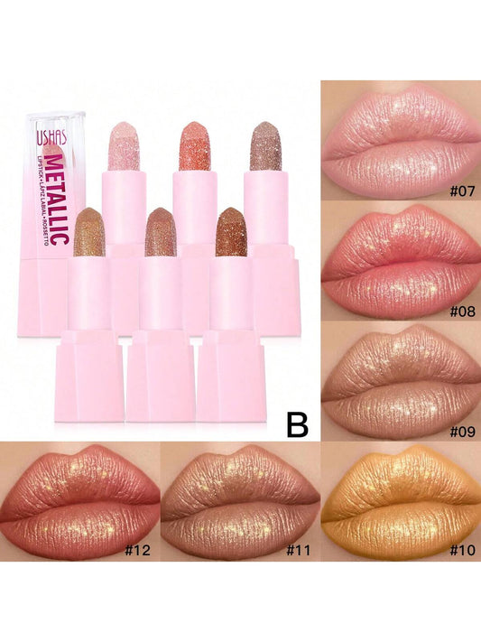 6-piece shiny waterproof lipstick set in assorted pink pearl finishes