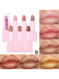 6-piece shiny waterproof lipstick set in assorted pink pearl finishes