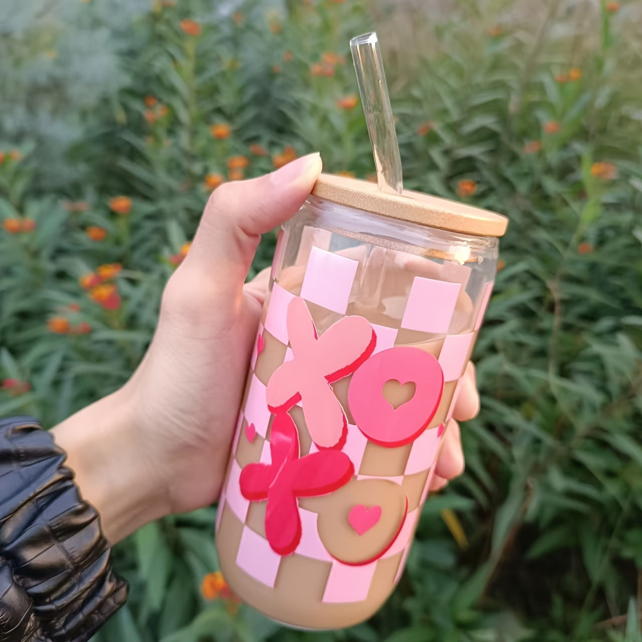 ACMALCO XOXO 16oz Heart & Plaid Print Glass Cup - Perfect for Coffee, Juice, Water, Wine | Reusable, Dishwasher Safe | Unique Valentine's Day Gift