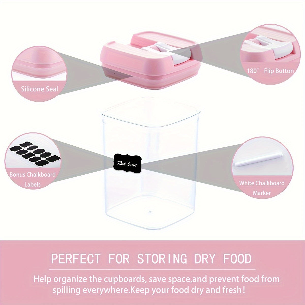 Pink Airtight Food Storage Container Set-10 Piece BPA Free Clear Plastic Cereal Canisters with Easy Lock Lids-Kitchen & Pantry Organization Containers for Sugar, Flour, Cereal, Labels & Marker (SC001, SC002, SC003, SC004)