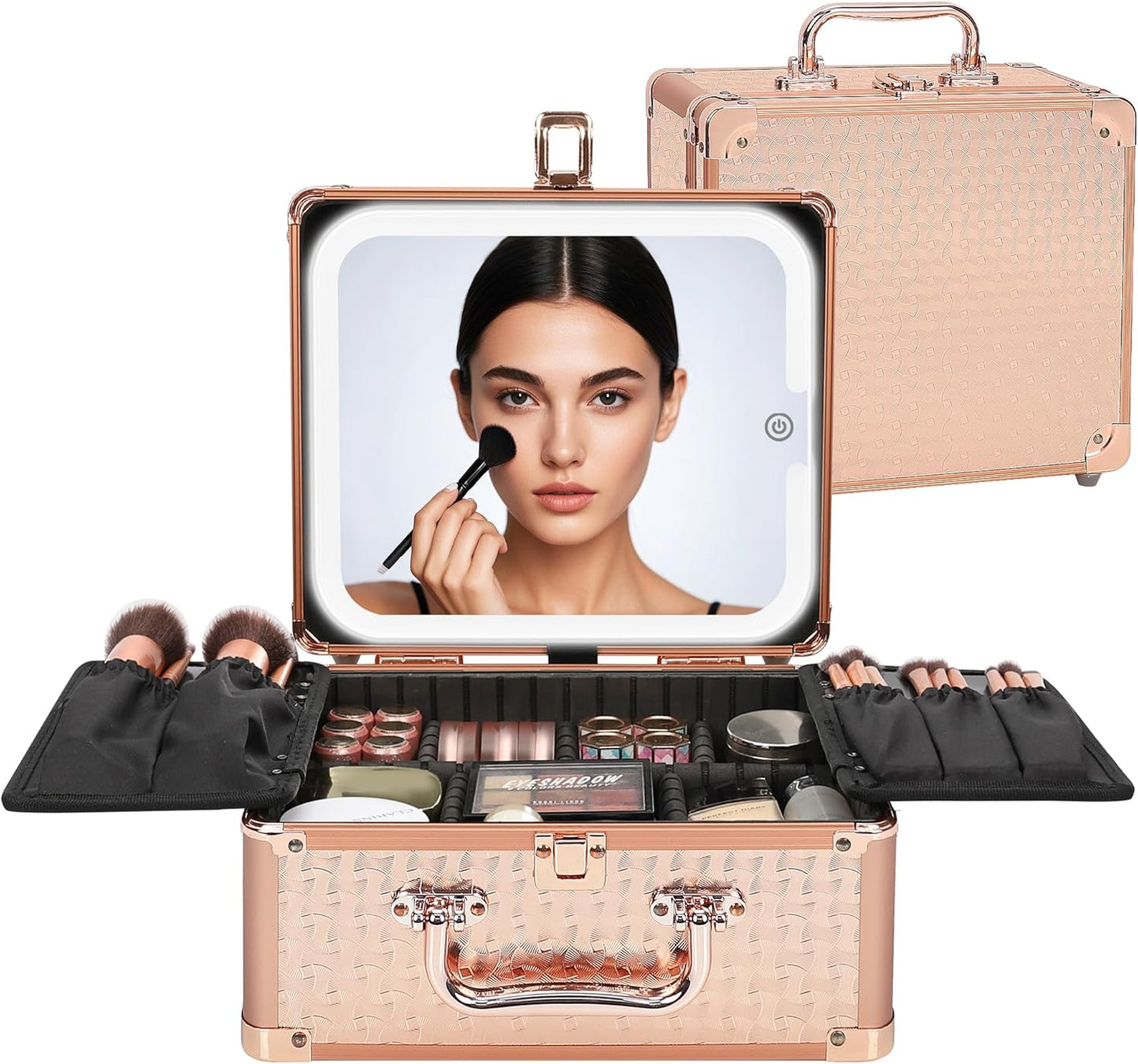 Makeup Bag with LED Mirror, Makeup Box Travel Train Case with Rechargeable Lighted Mirror & Adjustable Dividers, Cosmetic Brush Organizer Storage for Makeup Artists Gifts for Women and Girls