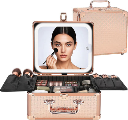 Makeup Bag with LED Mirror, Makeup Box Travel Train Case with Rechargeable Lighted Mirror & Adjustable Dividers, Cosmetic Brush Organizer Storage for Makeup Artists Gifts for Women and Girls