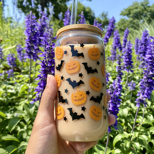 1pc Halloween Pumpkin and Bat Print Glass Mason Jar with Straw Lid, Reusable 16.9oz/500ml Drinking Cup, Recyclable Multipurpose Glassware for Cold Beverages, Machine Washable Animal Pattern Decoration