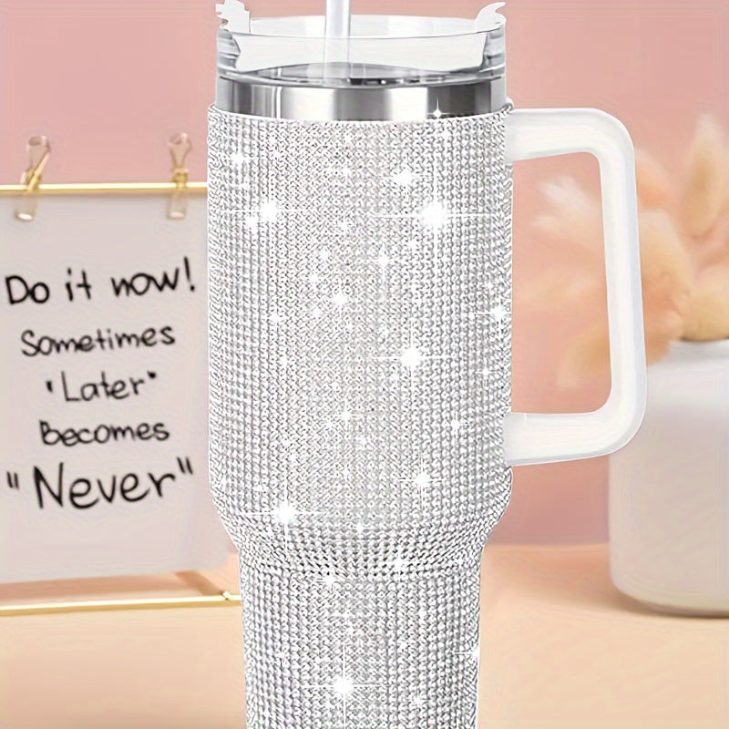 40oz Stainless Steel Glitter Tumbler - Rhinestone Decor, Flat Bottom Cup, Sparkly Gift for Women, Reusable, Hand Wash Only, Modern Design, Skinny Tumbler with Straw and Handle