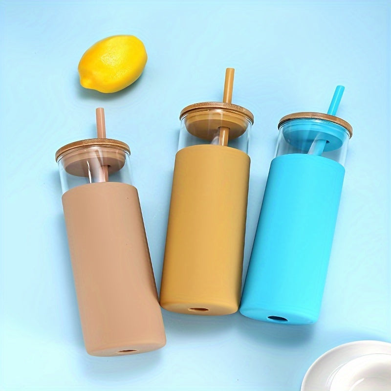 20 oz Glass Tumbler Glass Water Bottle Straw Silicone Protective Sleeve Bamboo Lid - BPA Free - Amber/ 8 Pack