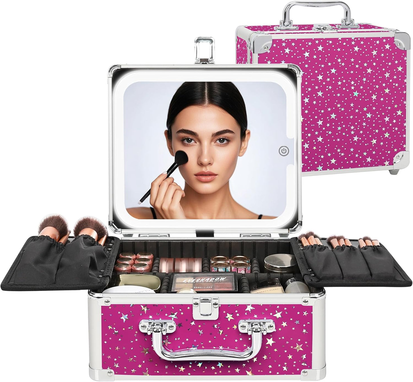 Makeup Bag with LED Mirror, Makeup Box Travel Train Case with Rechargeable Lighted Mirror & Adjustable Dividers, Cosmetic Brush Organizer Storage for Makeup Artists Gifts for Women and Girls