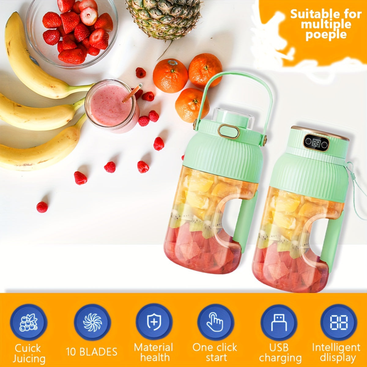 Portable Juicer Blender Cup 40.5oz/1200ml, One Cup And Two Lids (drink Lid And Juicer Lid), Super Large Capacity, Free Silicone Straw And TYPE-C Charging Cable