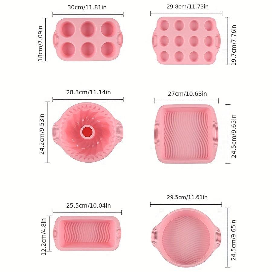 6pcs, Nonstick Silicone Bakeware Set, Cake Pan, Muffin Pan, Bundt Pan, Loaf Pan, Heat Resistant Bread Molds, Baking Tools, Kitchen Gadgets, Kitchen Accessories