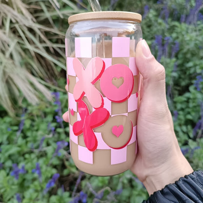ACMALCO XOXO 16oz Heart & Plaid Print Glass Cup - Perfect for Coffee, Juice, Water, Wine | Reusable, Dishwasher Safe | Unique Valentine's Day Gift