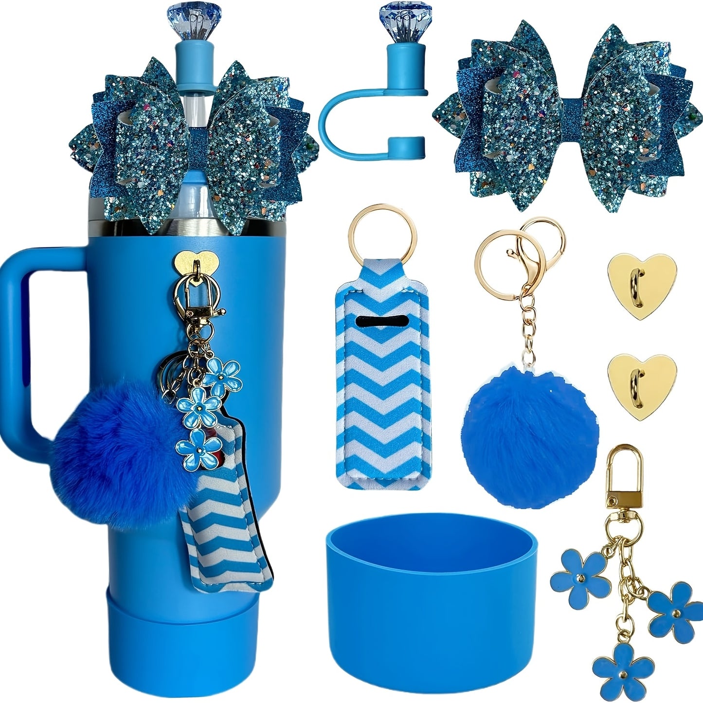 8pcs Water Cup Accessories Set with Glitter Bow Decoration, Diamond Straw Hat, Pompom Flower Pendant, Lipstick Bag