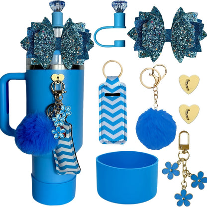 8pcs Water Cup Accessories Set with Glitter Bow Decoration, Diamond Straw Hat, Pompom Flower Pendant, Lipstick Bag