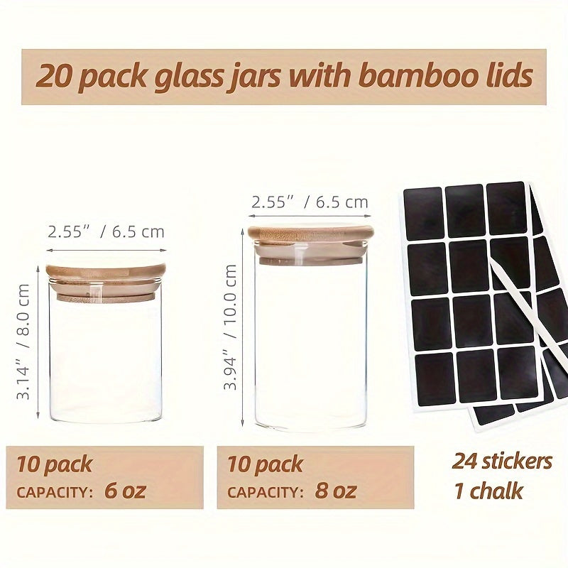 [20-PACK] 8 Oz Glass Jars With Lids, Spice Jars Set With Bamboo Lids For Spice, Beans, Candy, Nuts, Herbs, Dry Food Canisters With Extra Chalkboard Labels