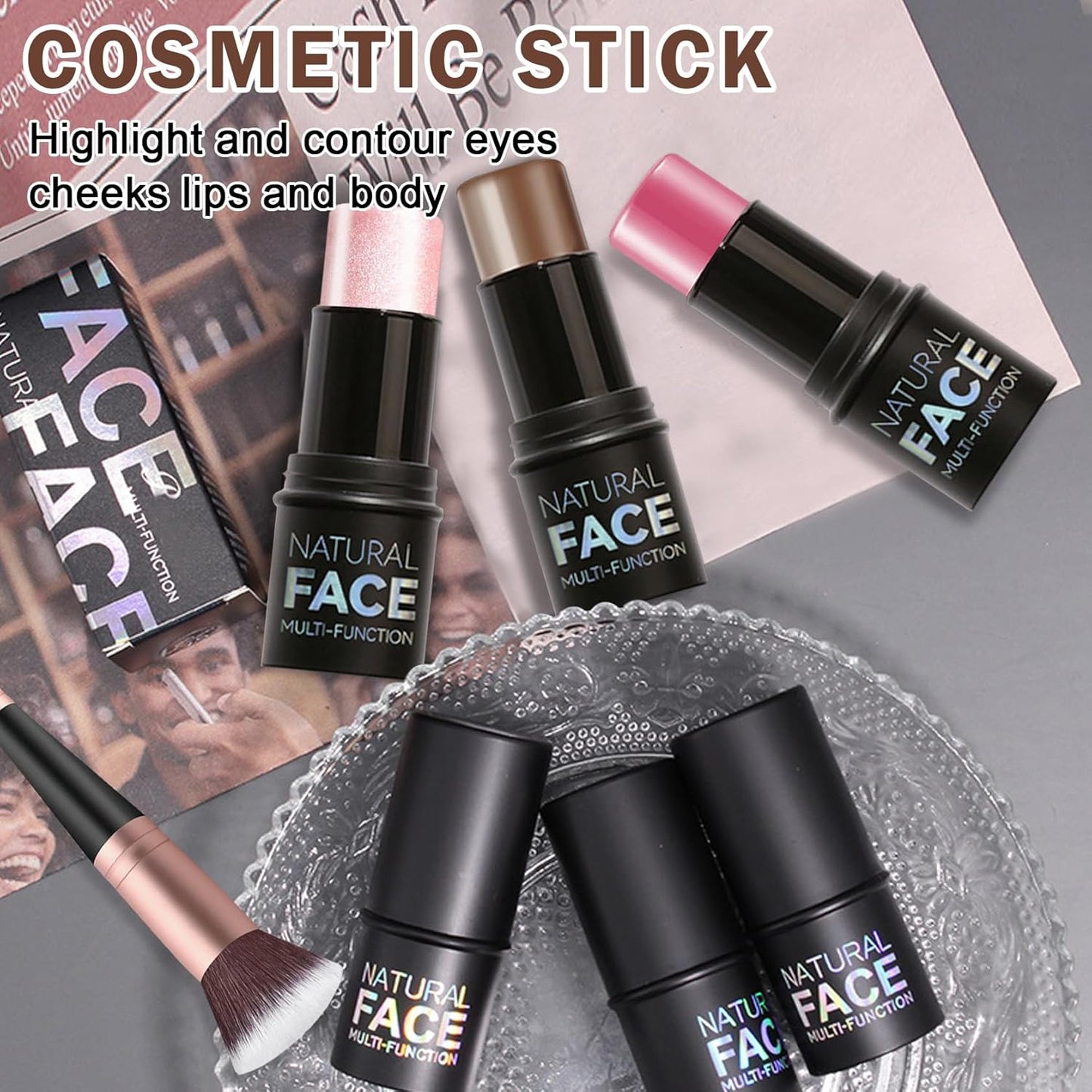 3PCS Cream Contour Stick Makeup Kit Face Contour Highlighter Stick,Smooth Cream Bronzer Contour Blush Stick Long Lasting Highlighter Makeup Stick for Cheeks,Eyes,Lips (02,05,06)